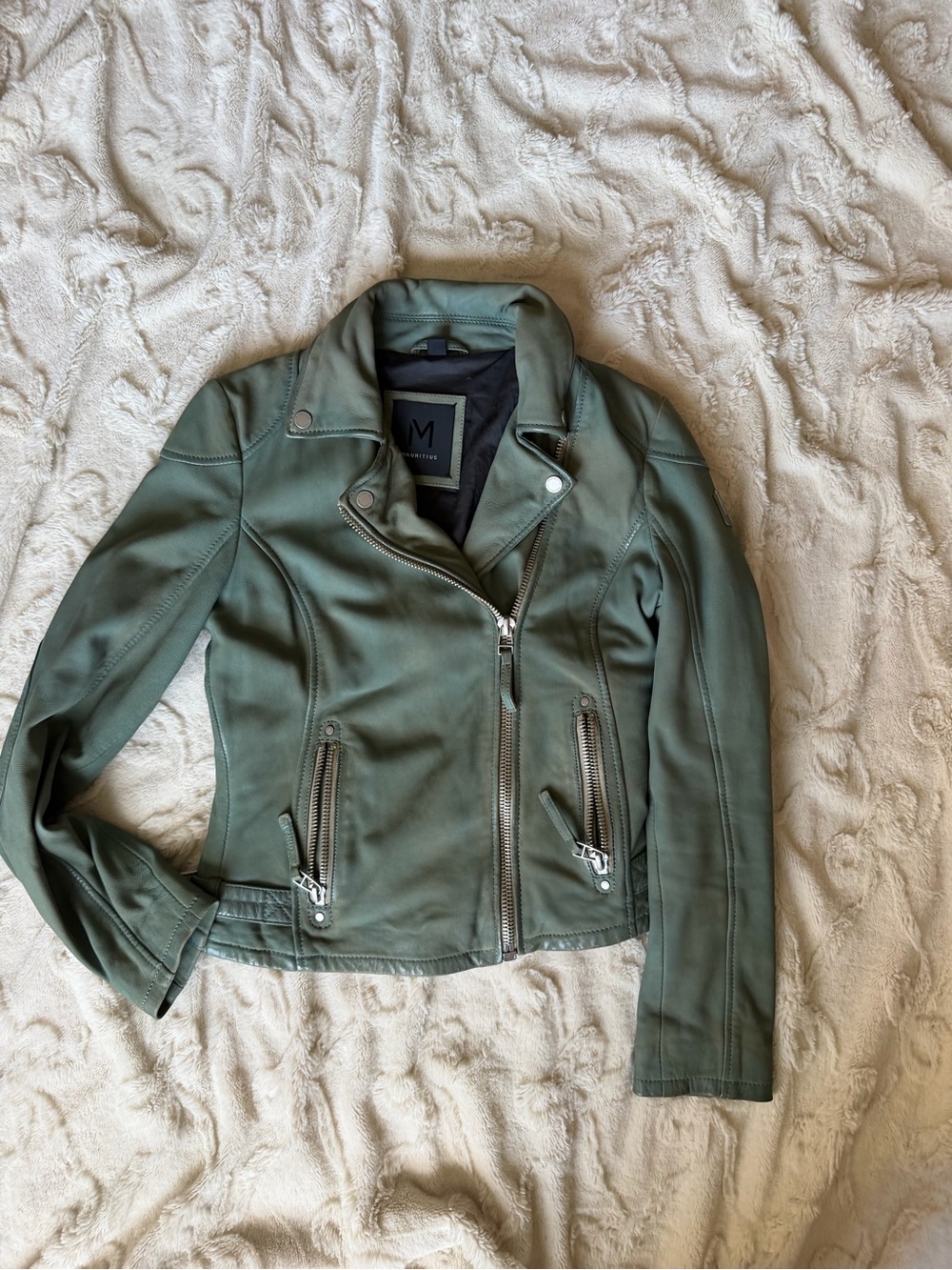 Olive Faux-Leather Moto Jacket with Zip Front